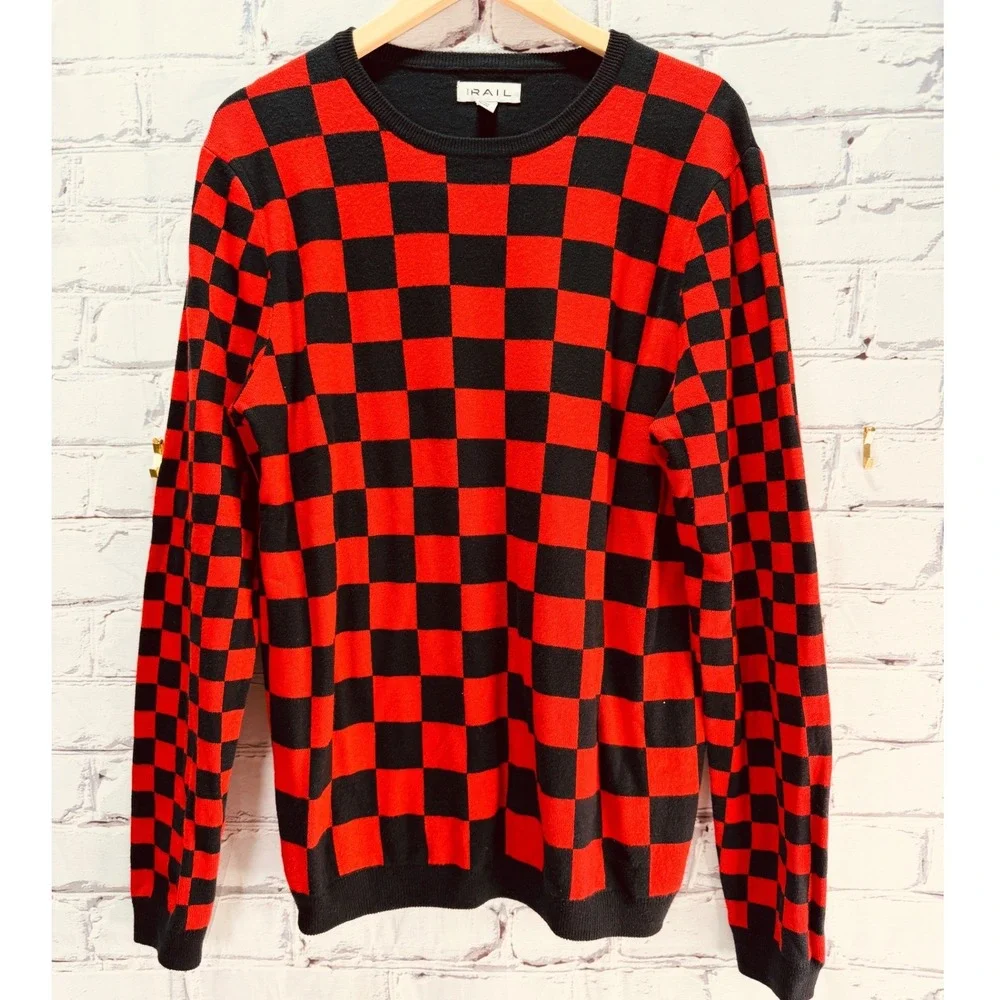 The Rail Checkerboard Sweater Mens L Red Black Punk Grunge Knit Crewneck Top - Picture 7 of 7